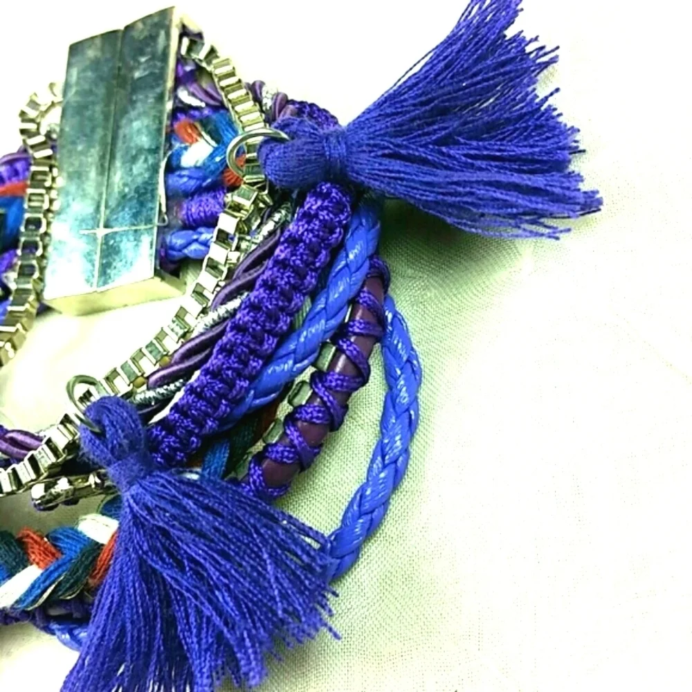 Boho Multi-Strand Bracelet Purple Tassel Woven Anchor Charm Festival Layering